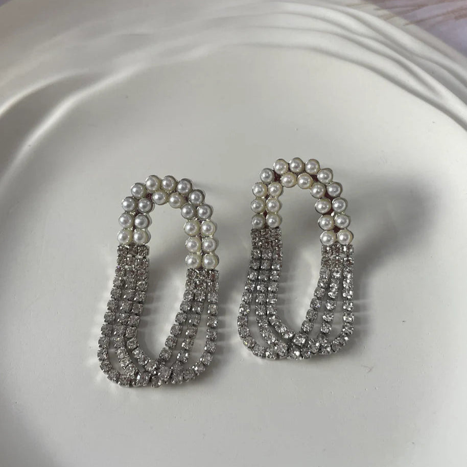 Pearl & Rhinestone Chain Drop Earrings