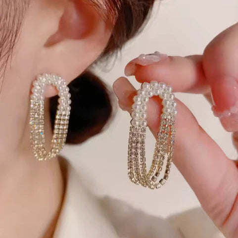 Pearl & Rhinestone Chain Drop Earrings