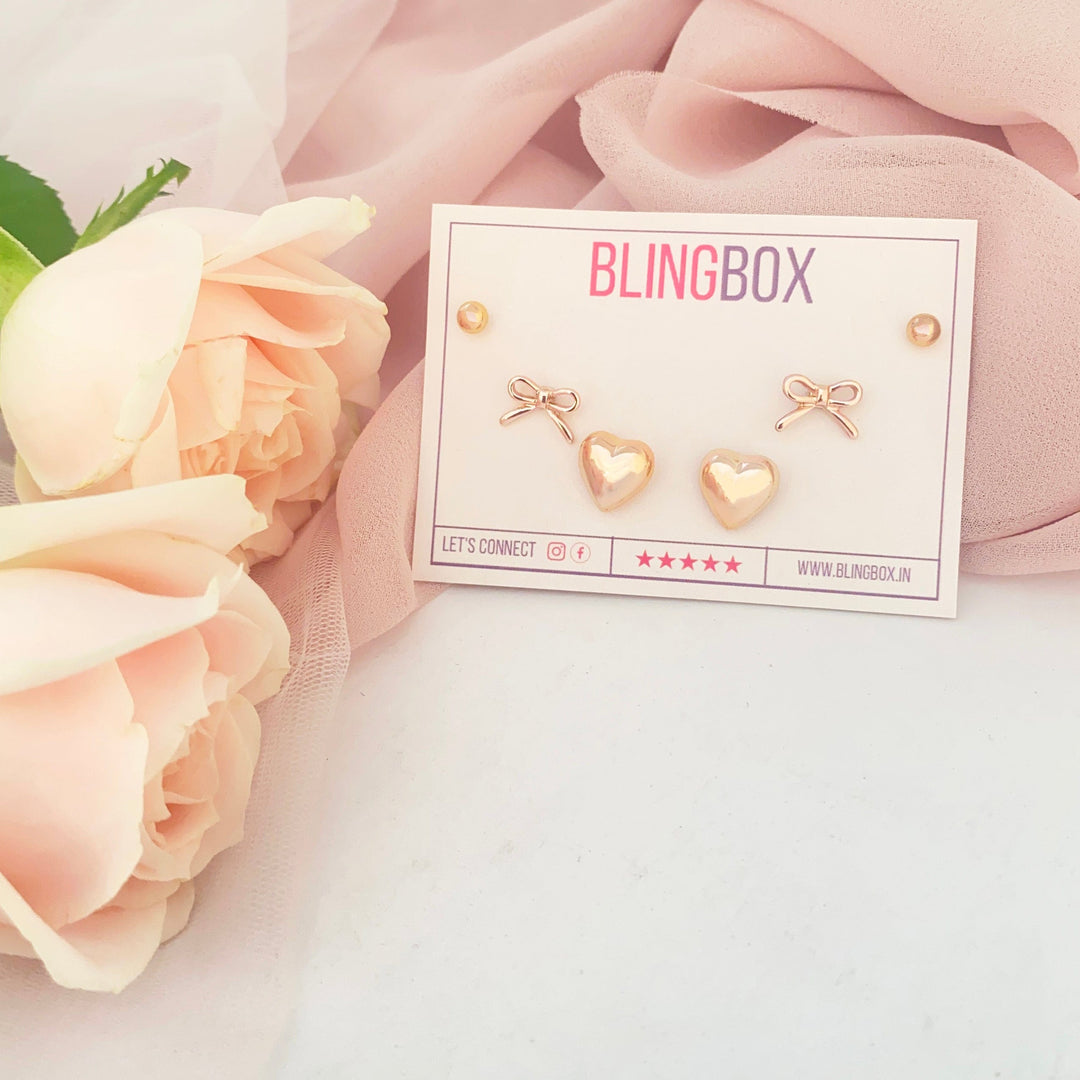 Bling Box Earrings Set Hearts and Bows Jewellery 