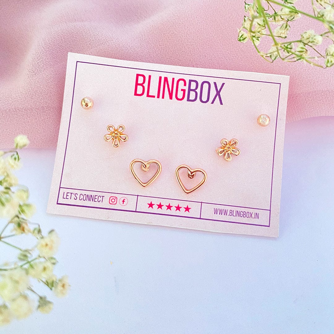 Bling Box Heart and Flower Earrings Combo Jewellery