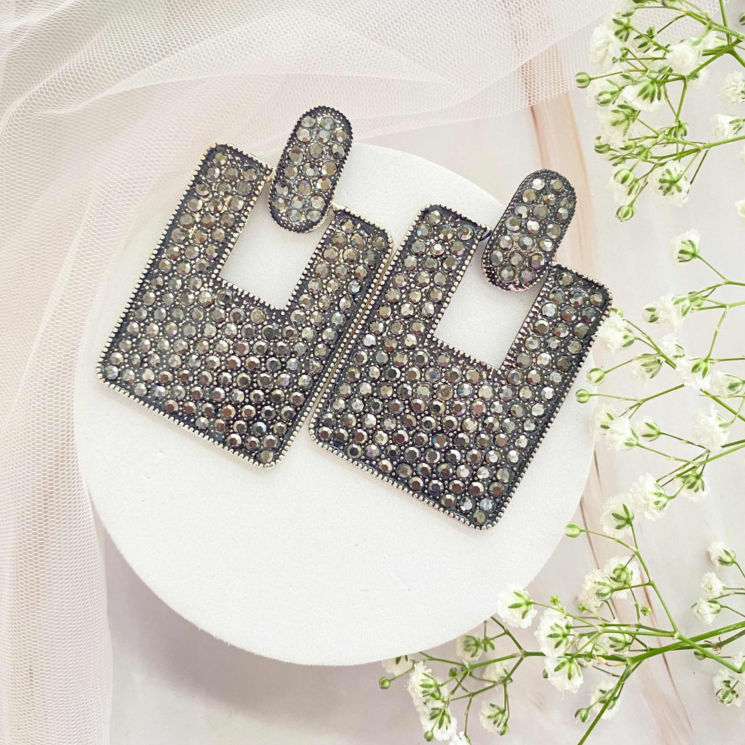 Rectangular Black Studded Earrings