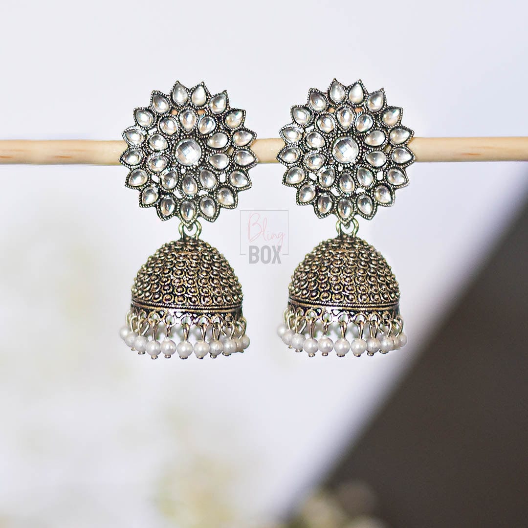 Bling Box Jewellery Floral Diamond Oxidized Jhumkas Jewellery