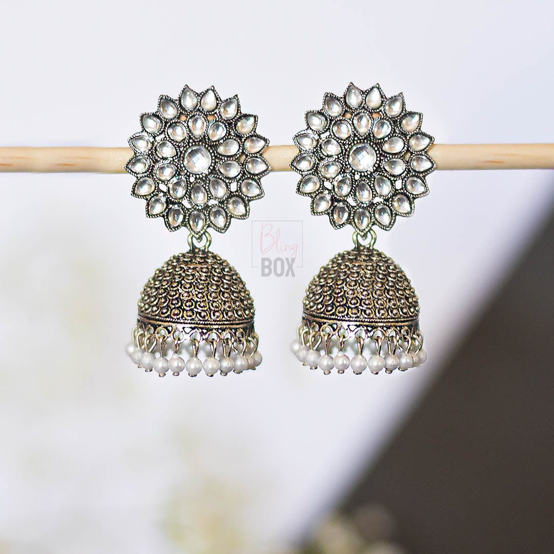 Bling Box Jewellery Floral Diamond Oxidized Jhumkas Jewellery 