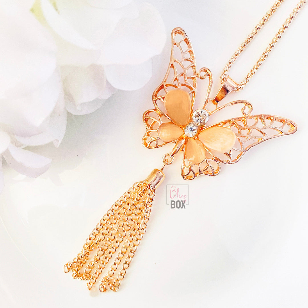 Bling Box Jewellery Lovely Butterfly Rose Gold Long Chain Jewellery 