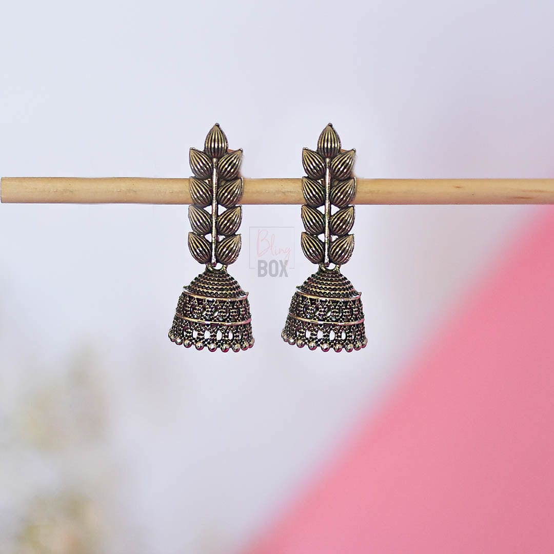 Bling Box Jewellery Rustic Leaf Oxidized Jhumkas Jewellery