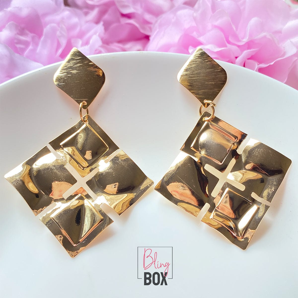 Gold square sales dangle earrings