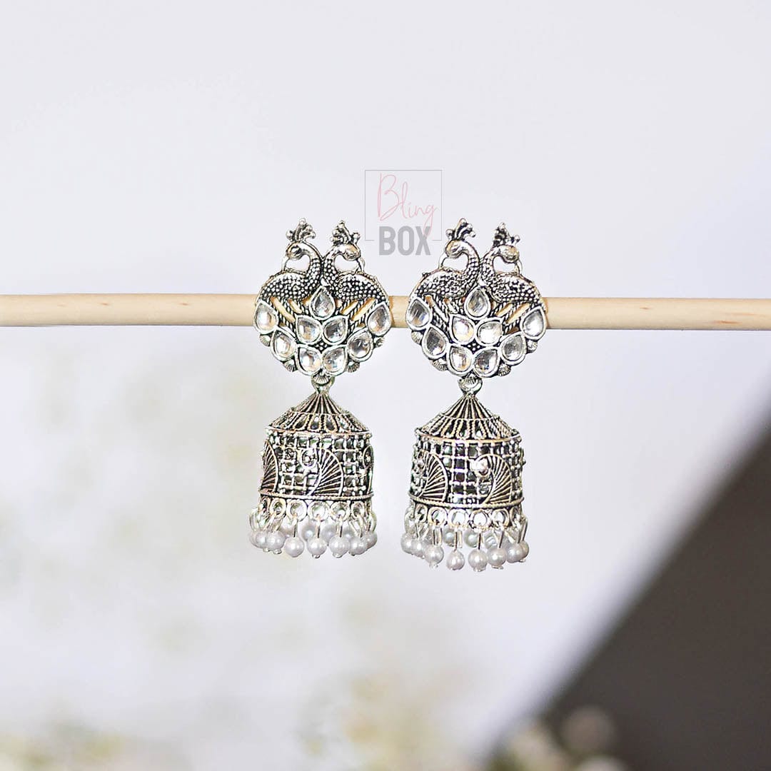 Bling Box Jewellery Unique Peacock Oxidized Pearl Jhumkas Jewellery