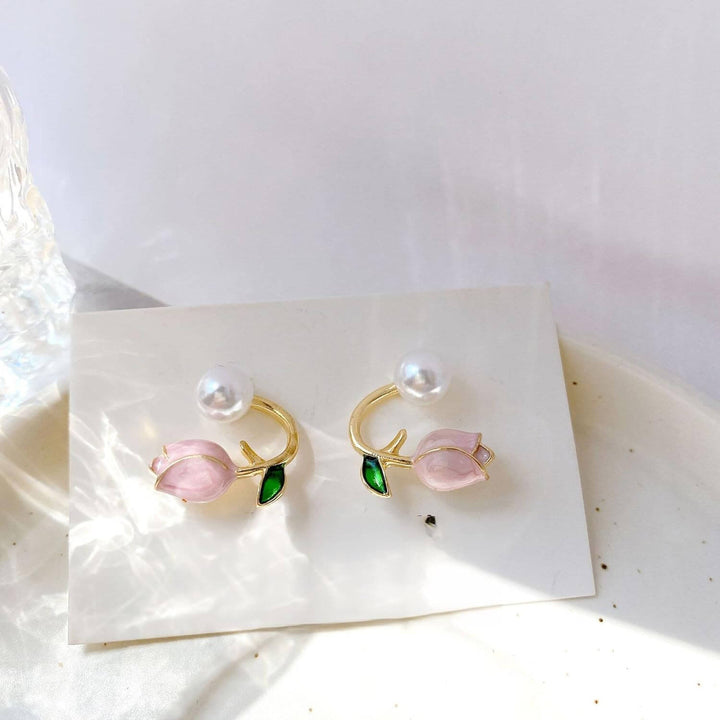 Luxury Pink Tulip Flower Pearl Earrings