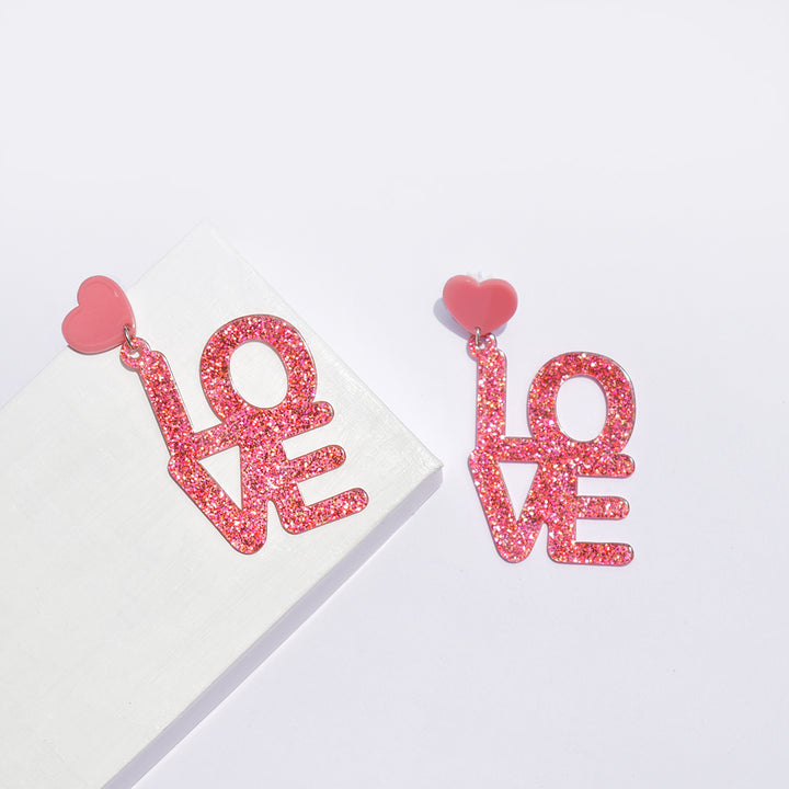Pink Glitter Love You Earrings
