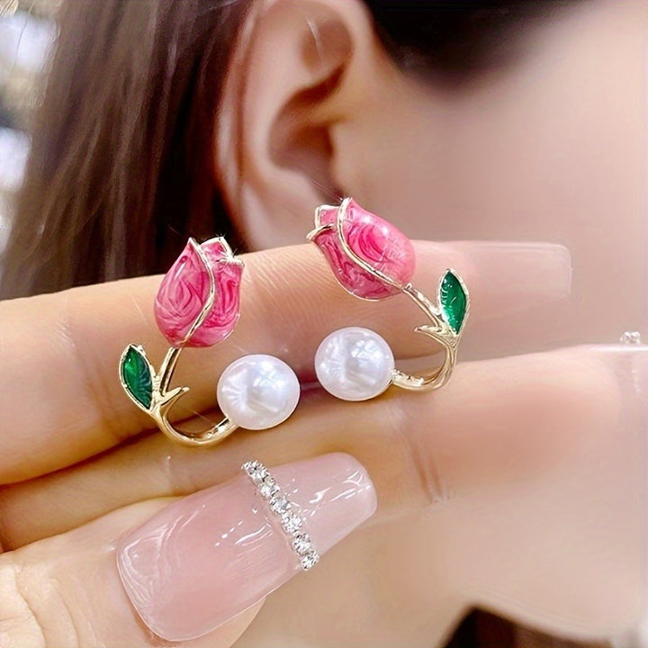 Korean Tulip Pearl Earrings-Dark Pink