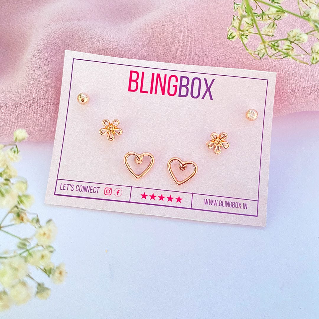 Bling Box Heart and Flower Earrings Combo Jewellery 