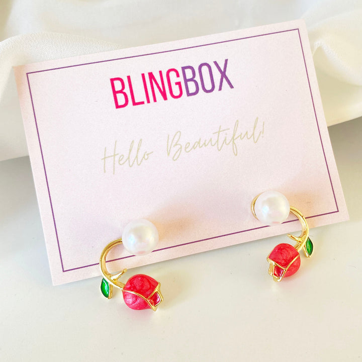 Korean Tulip Pearl Earrings-Dark Pink