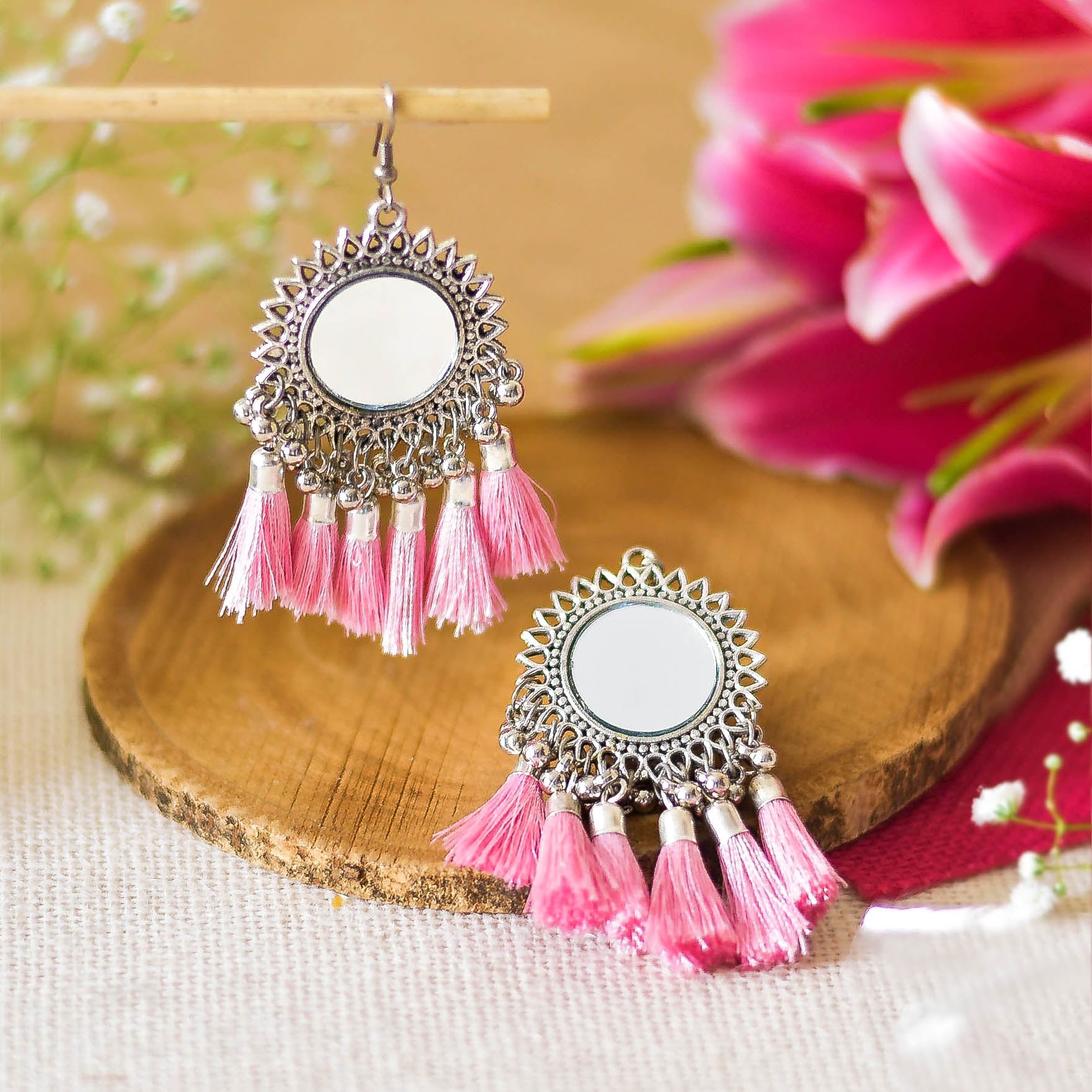 circle mirror tassel earrings bling box jewellery