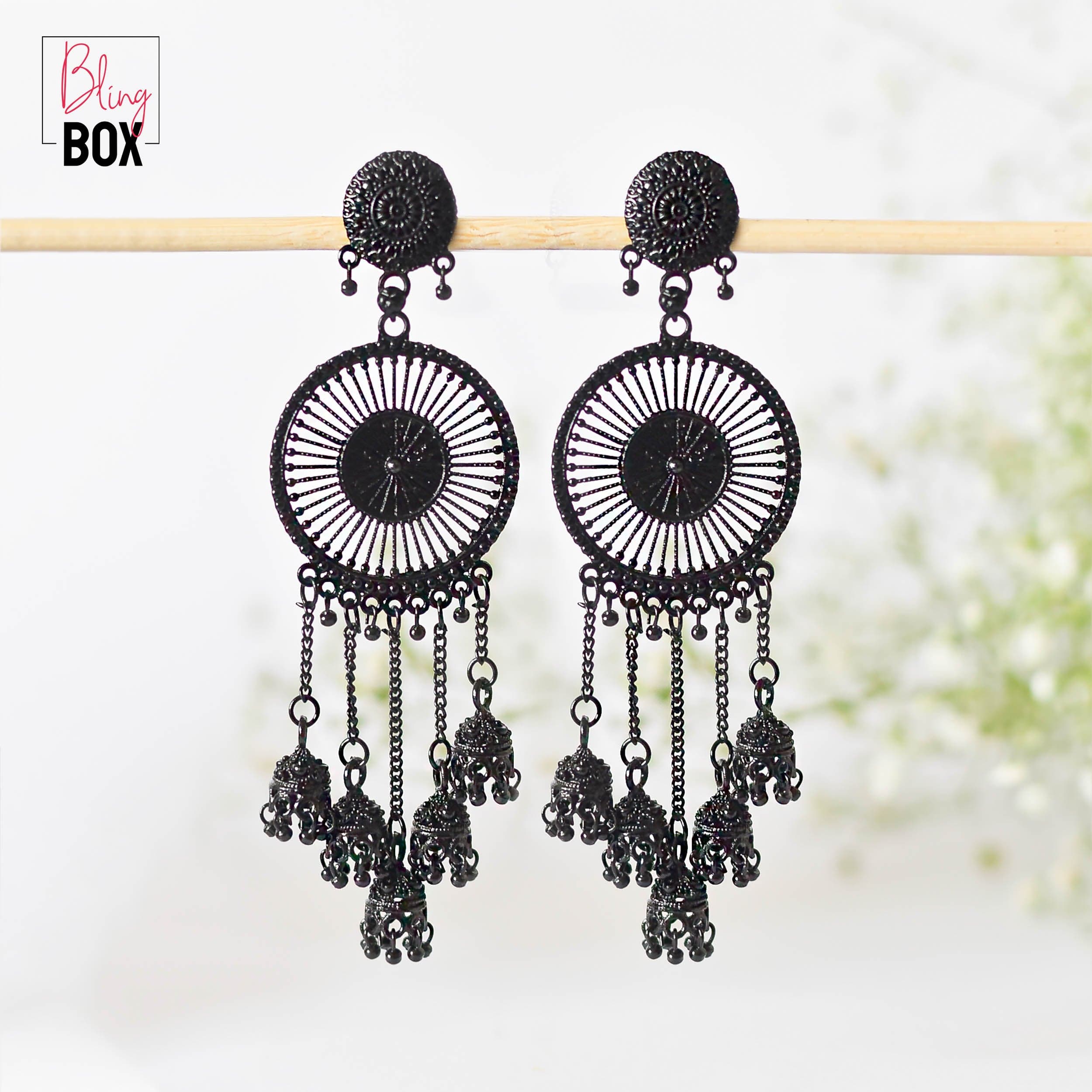 Oxidised Silver Metal Earrings with Black and Golden Beads – A Local Tribe