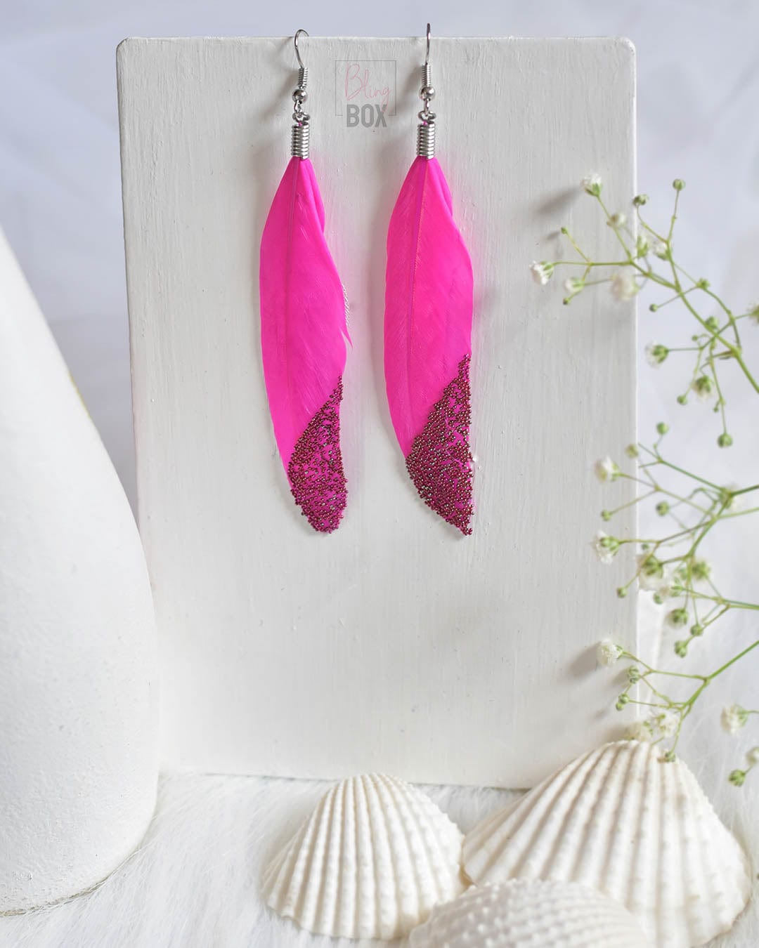 Rose Pink & Gold Feather Earrings Long | Feather Planet