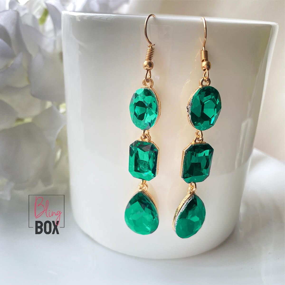 Matrix drop earrings, Mixed cuts, Green, Rhodium plated | Swarovski